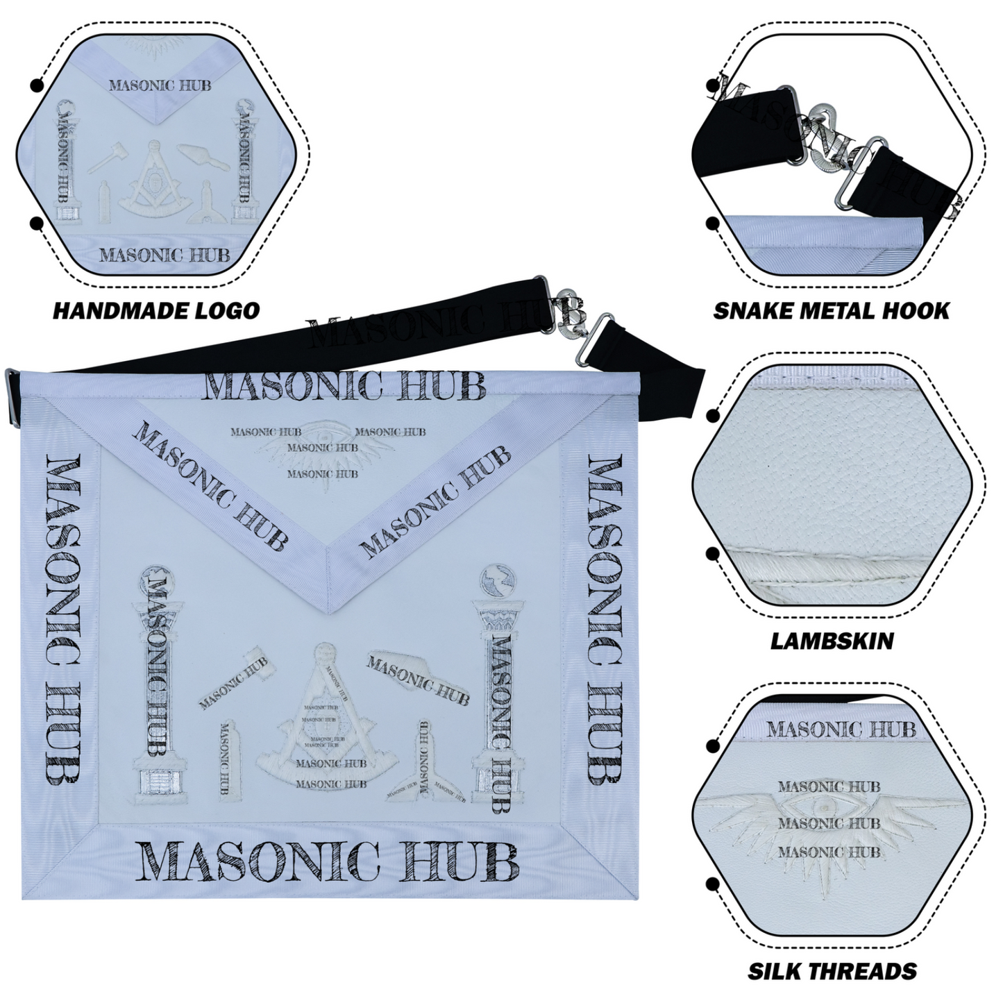 Masonic Past Master Working Tools Apron - Lambskin & Silk Threads - Hand Embroidered