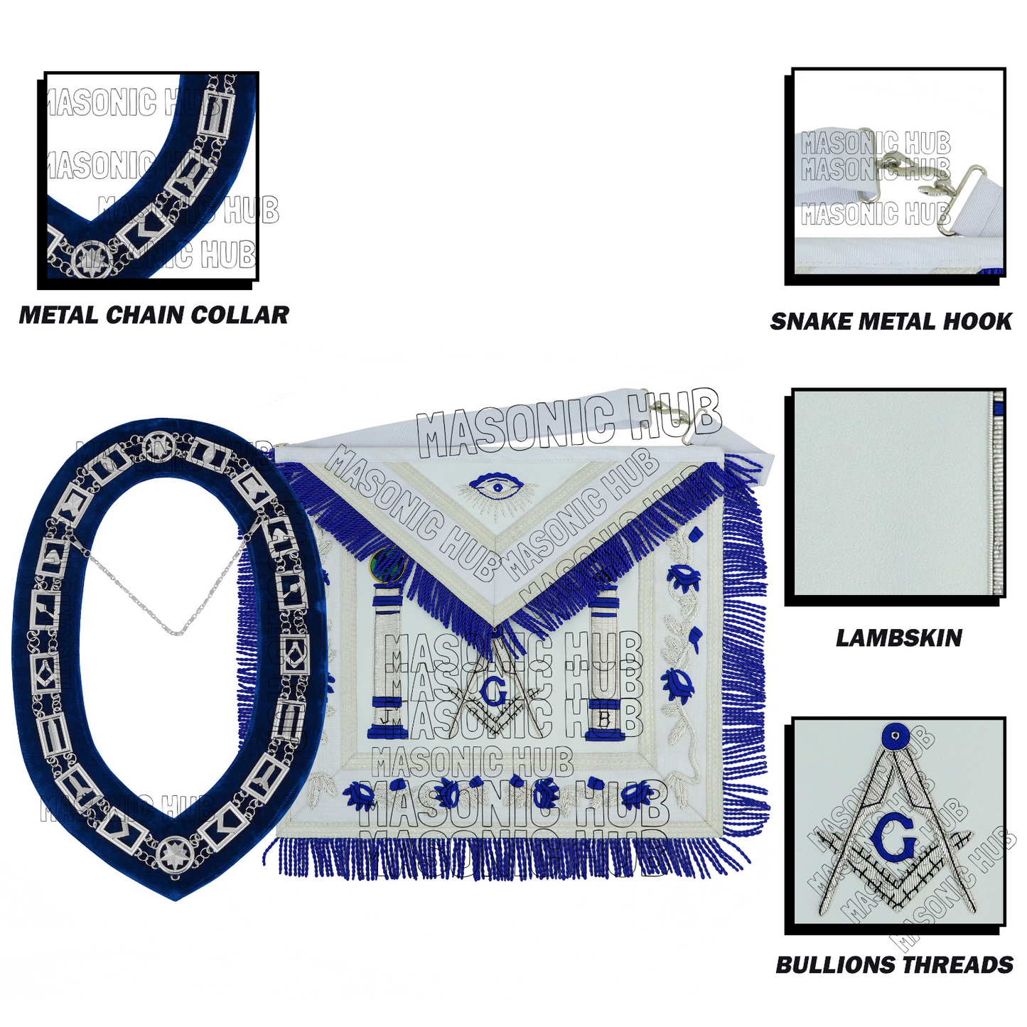 Master Mason Masonic Regalia Lambskin Apron & Chain Collar - Hand Embroidered