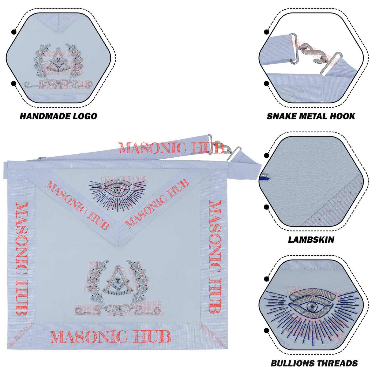 Masonic Past Master Lambskin Apron with Silver Bullion & Wreath Embroidery