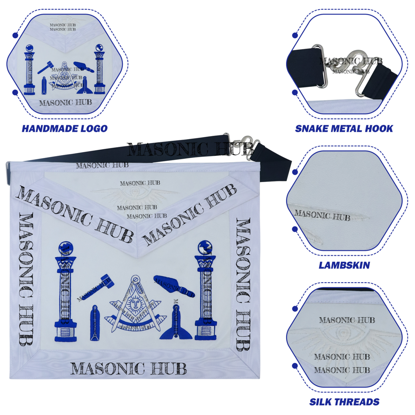 Masonic Past Master Tools Apron - Lambskin & Silk Threads - Hand Embroidered