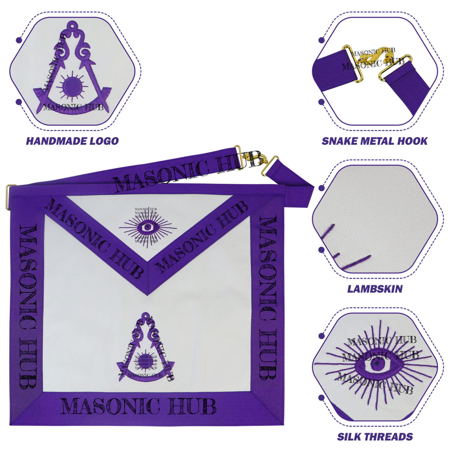 Masonic Past Master Apron 100% Lambskin - All Purple Hand-Embroidered Freemason