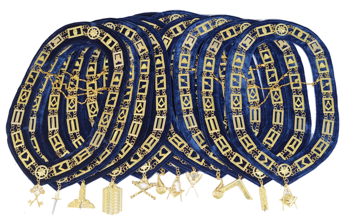 Masonic Blue Lodge Officer Working Tools Set (12) – Chain Collars + FREE Jewels – Complete Regalia Lot Masonic Hub