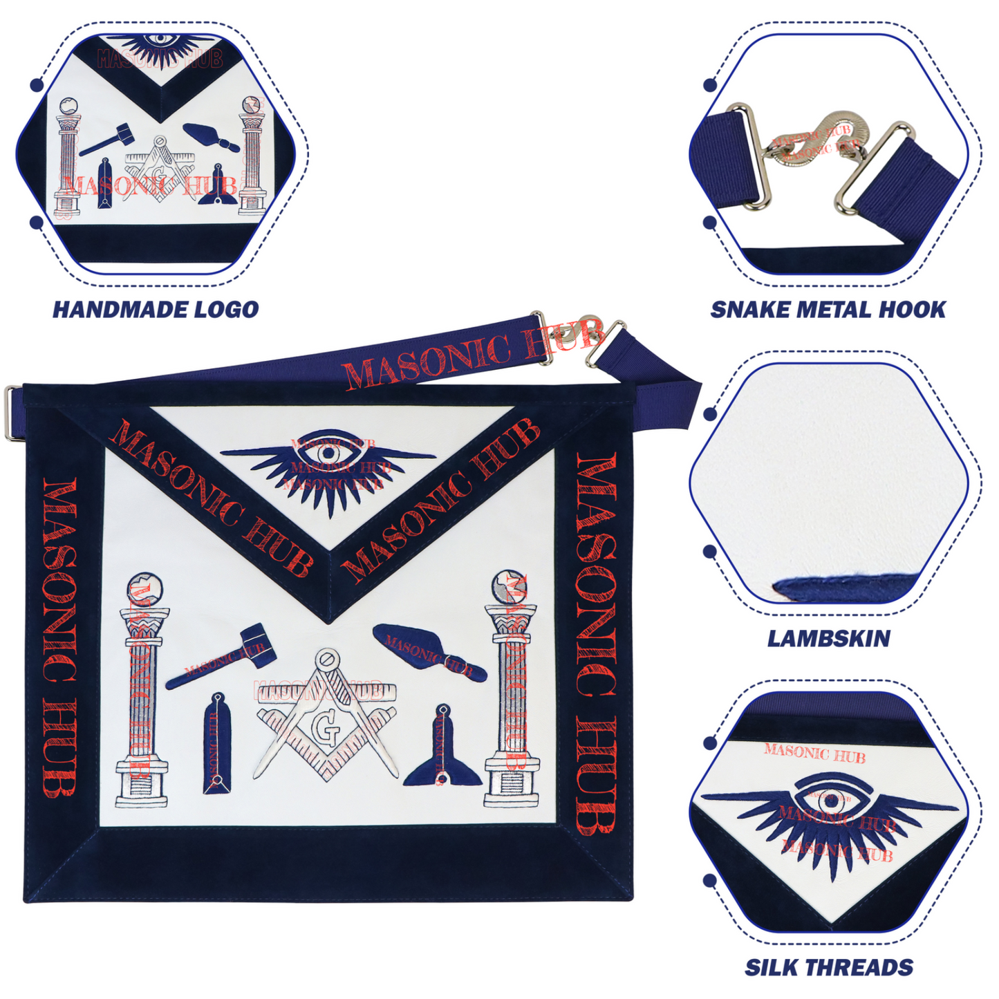 Masonic Regalia Master Mason Apron Lambskin - Working Tools - Navy Blue Velvet