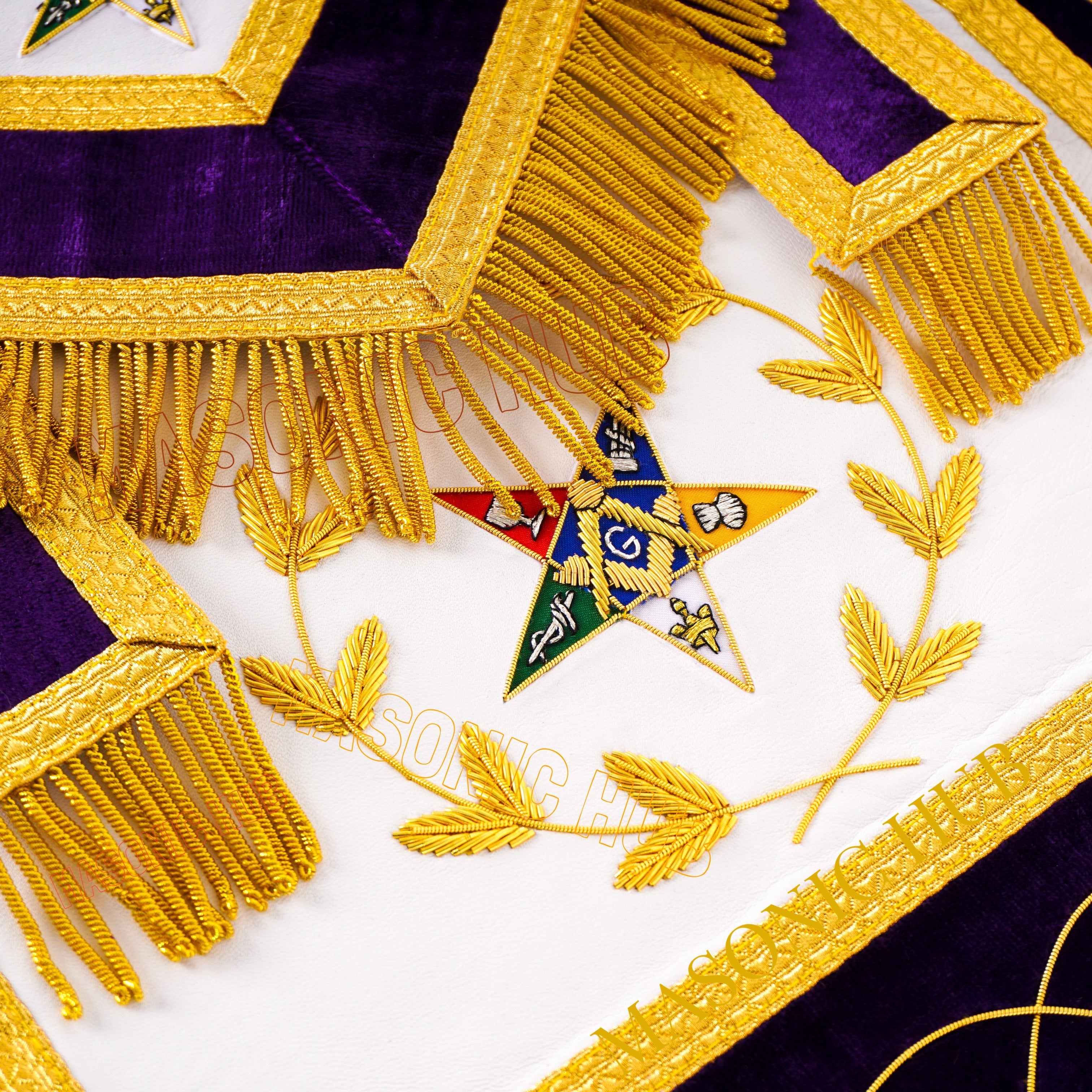Masonic OES Grand Patron 100% Lambskin Apron – Hand-Embroidered with Chain Collar & Rhinestones Masonic Hub