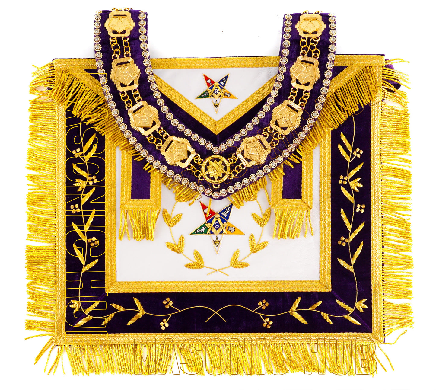 Masonic OES Grand Patron 100% Lambskin Apron – Hand-Embroidered with Chain Collar & Rhinestones