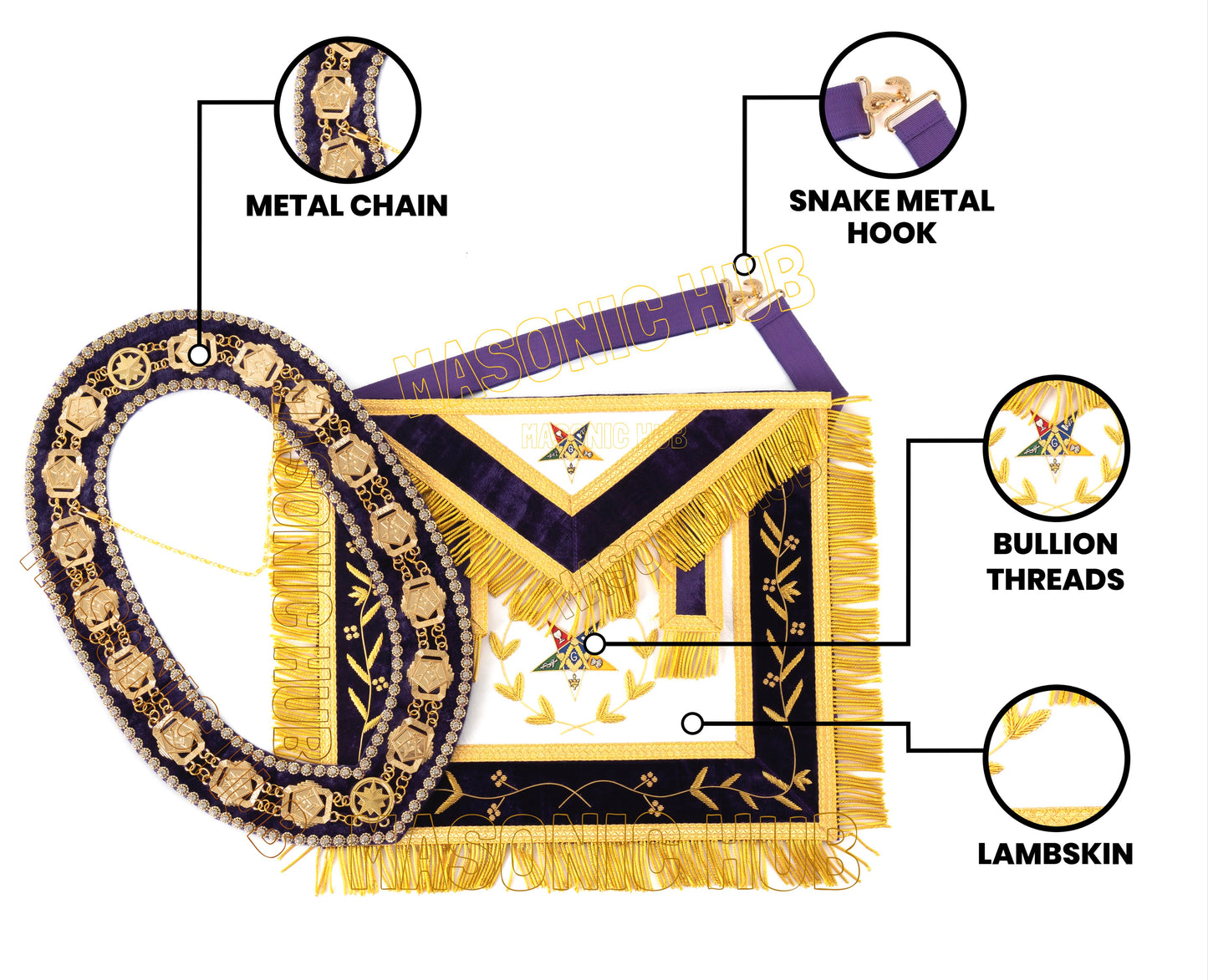 Masonic OES Grand Patron 100% Lambskin Apron – Hand-Embroidered with Chain Collar & Rhinestones