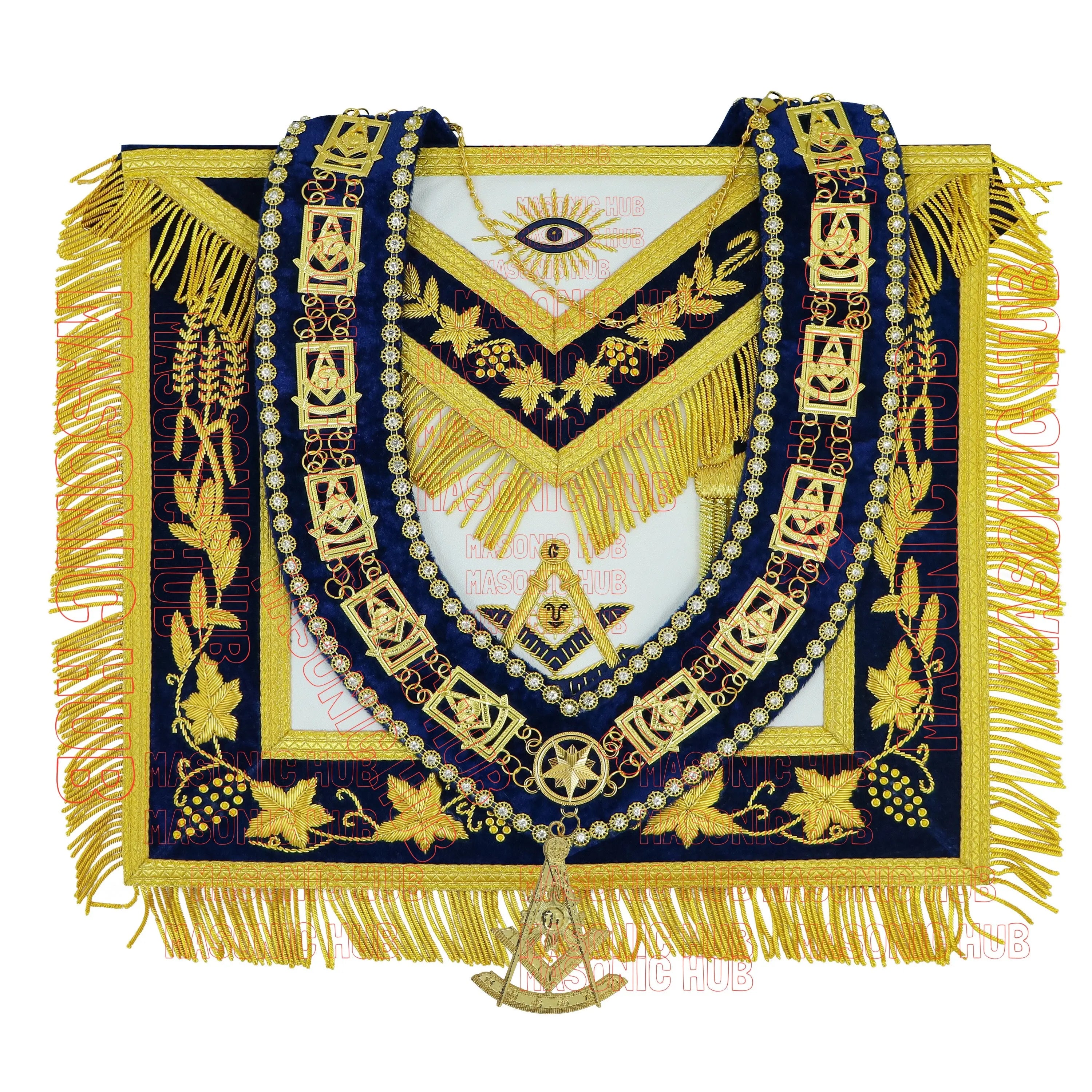 Masonic Past Master Apron Navy Blue - Genuine Lambskin + Chain Collar & Jewel Masonic Hub