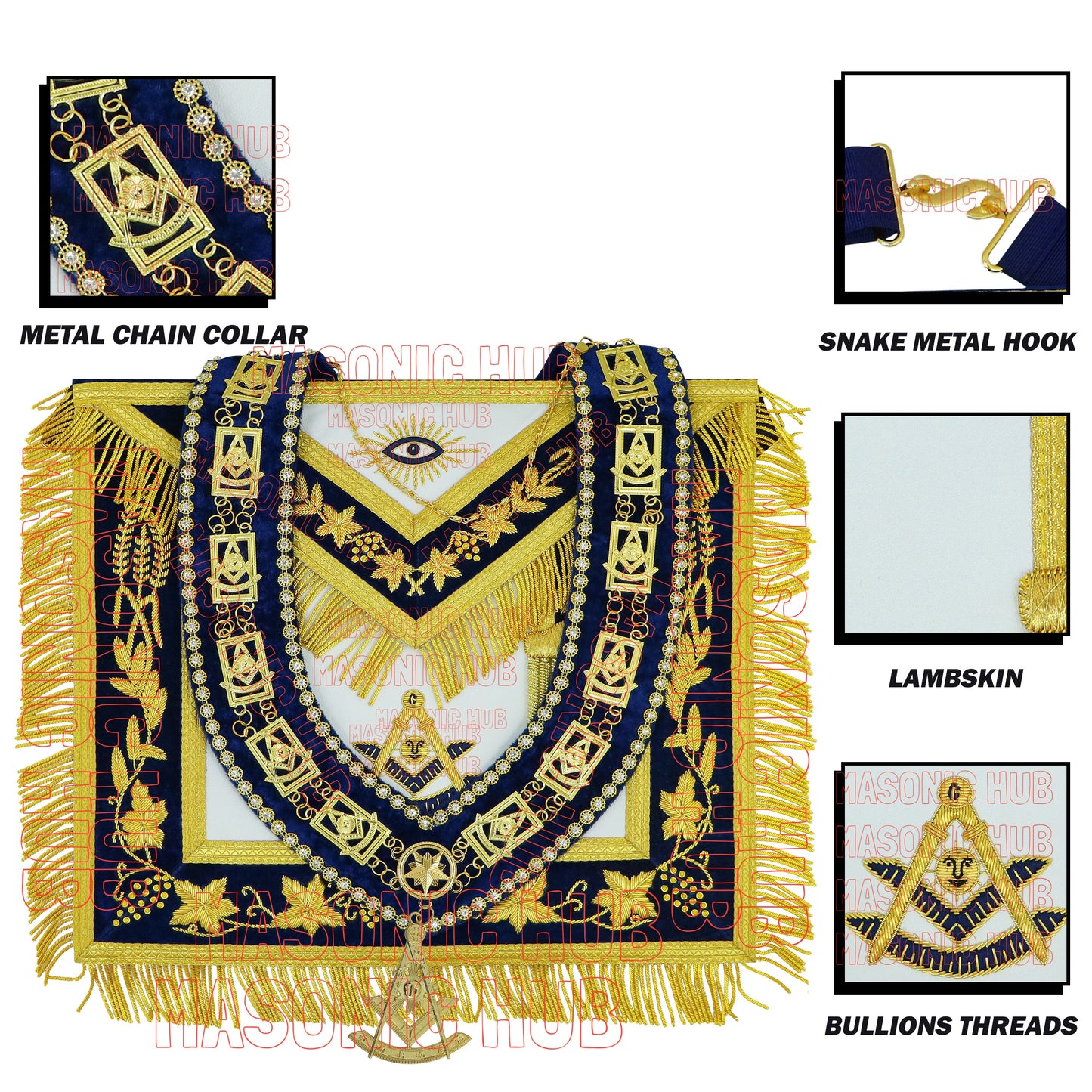 Masonic Past Master Apron Navy Blue - Genuine Lambskin + Chain Collar & Jewel