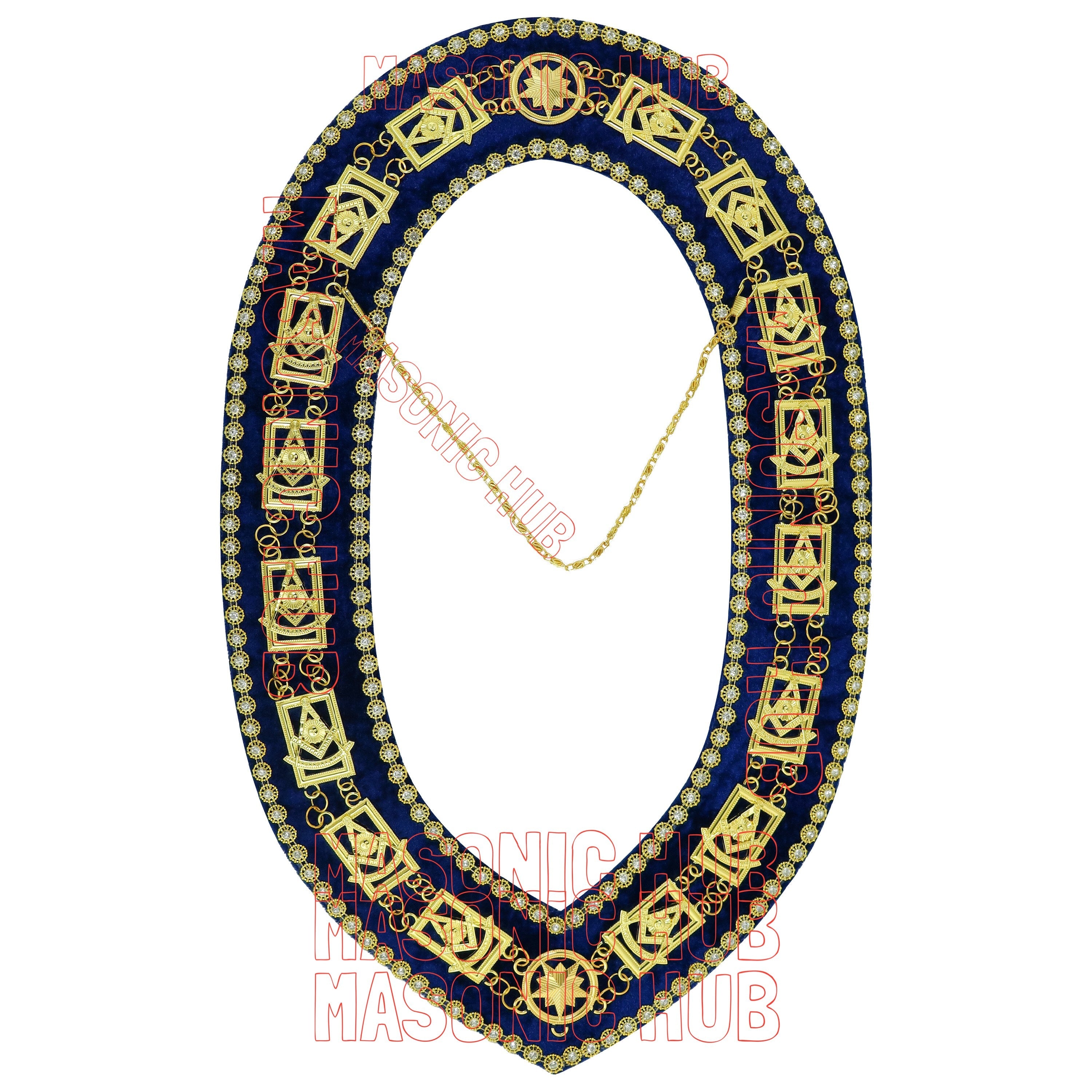Masonic Past Master Metal Chain Collar Navy Blue Backing With Rhinestones + Free Jewe Masonic Hub