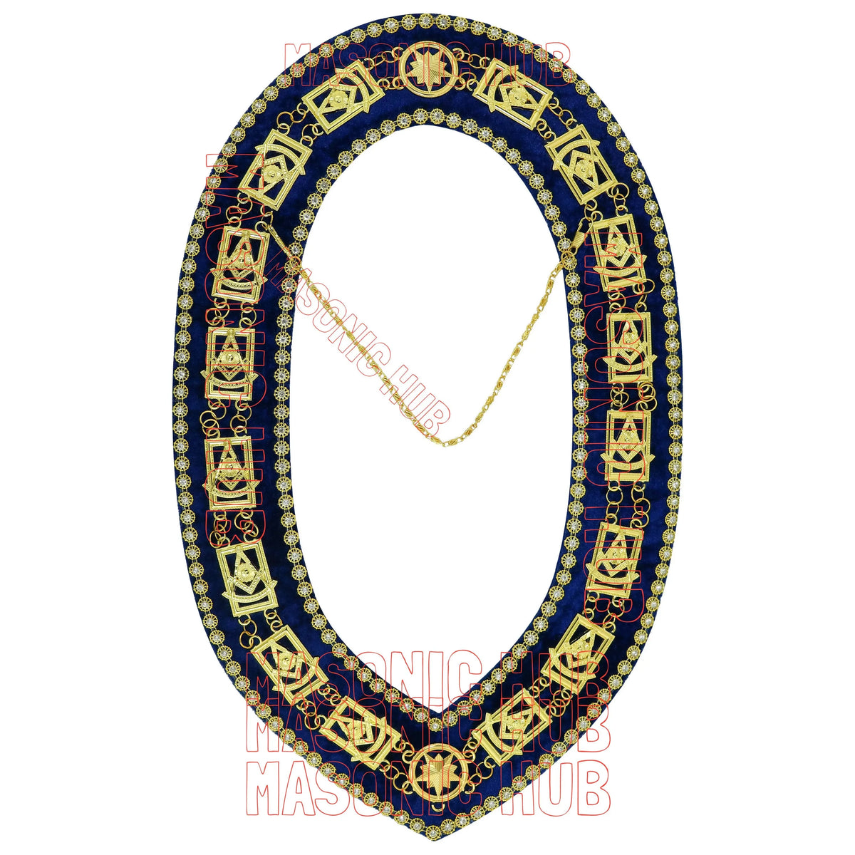 Masonic Past Master Metal Chain Collar Navy Blue Backing With Rhinestones + Free Jewe Masonic Hub