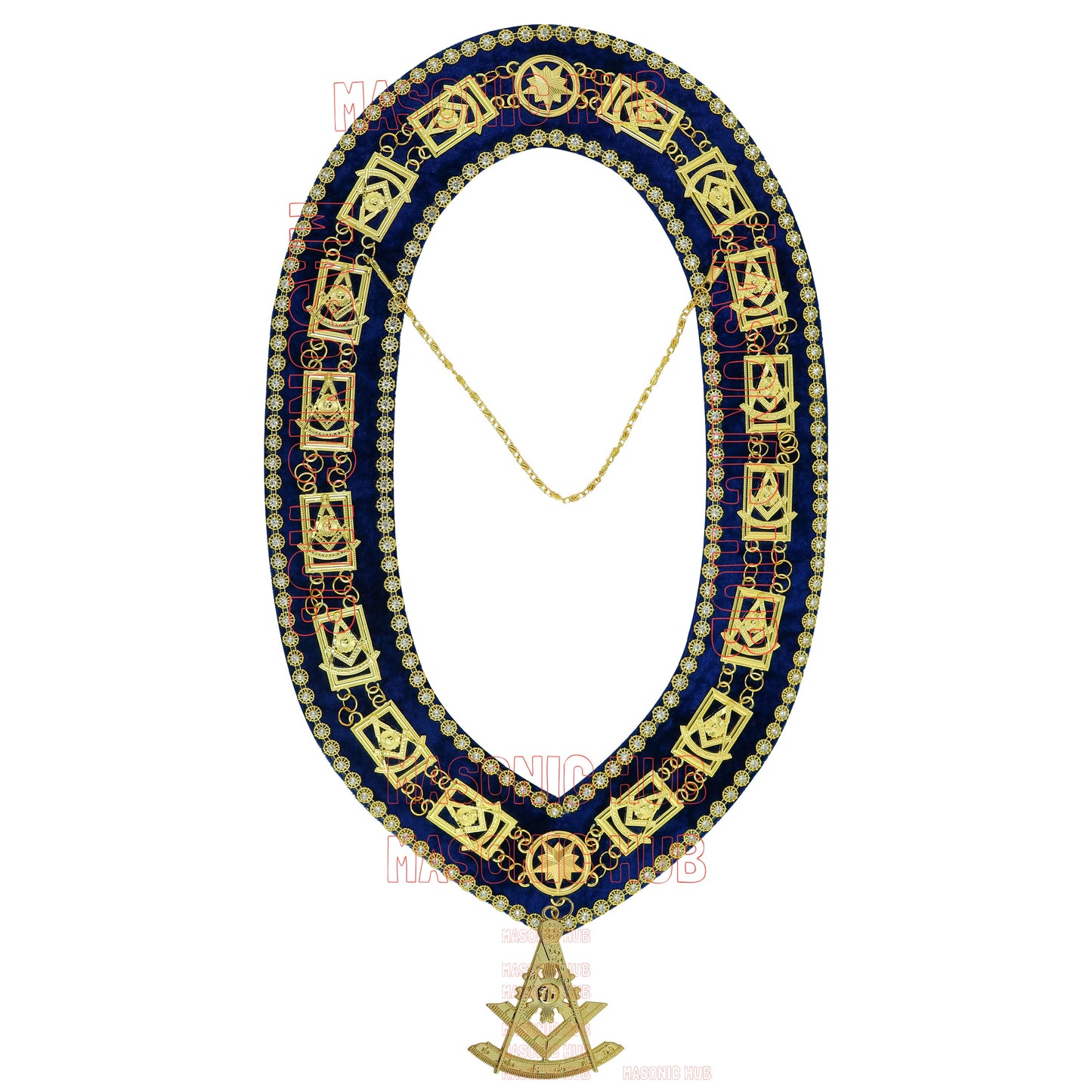 Masonic Past Master Metal Chain Collar Navy Blue Backing With Rhinestones + Free Jewe