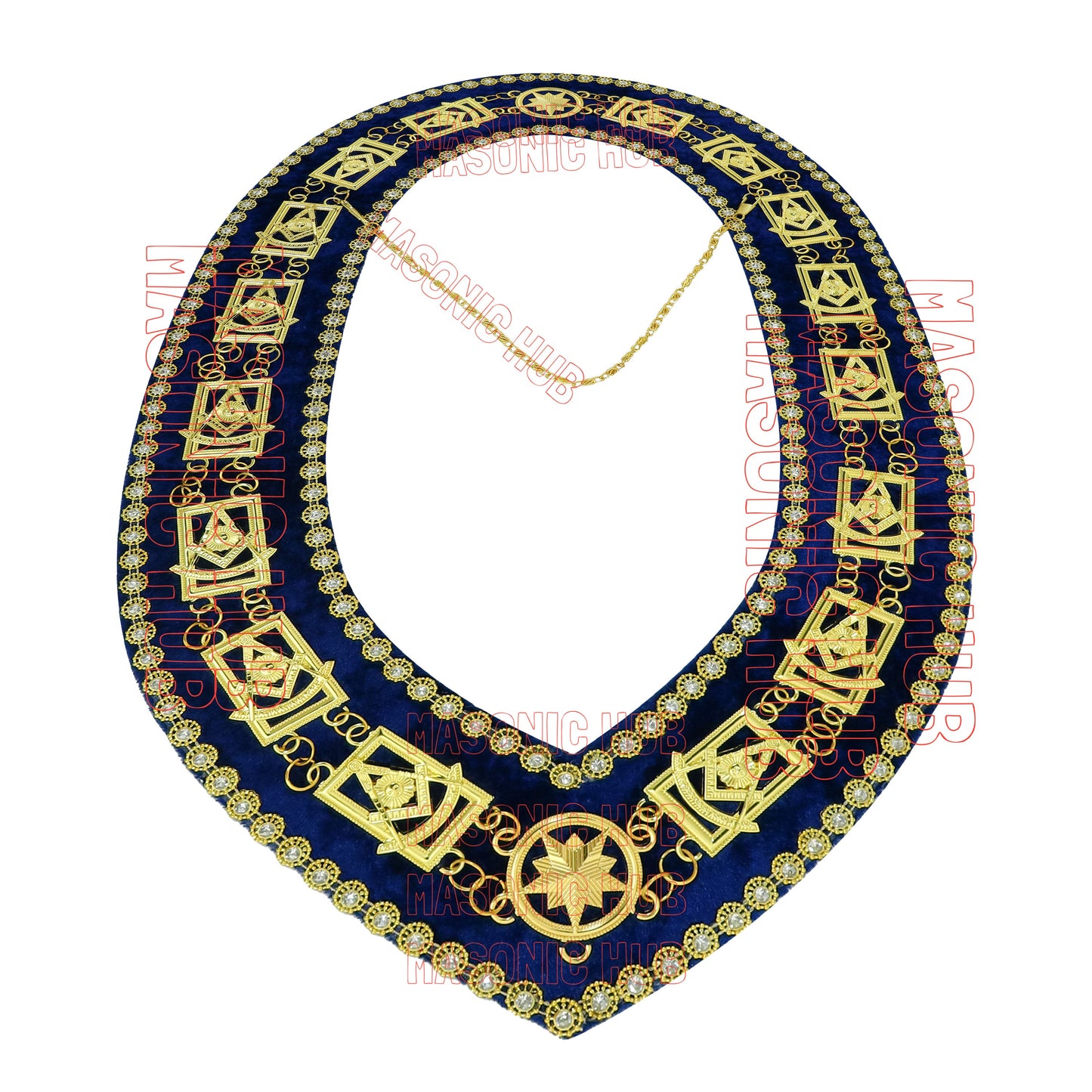 Masonic Past Master Metal Chain Collar Navy Blue Backing With Rhinestones + Free Jewe