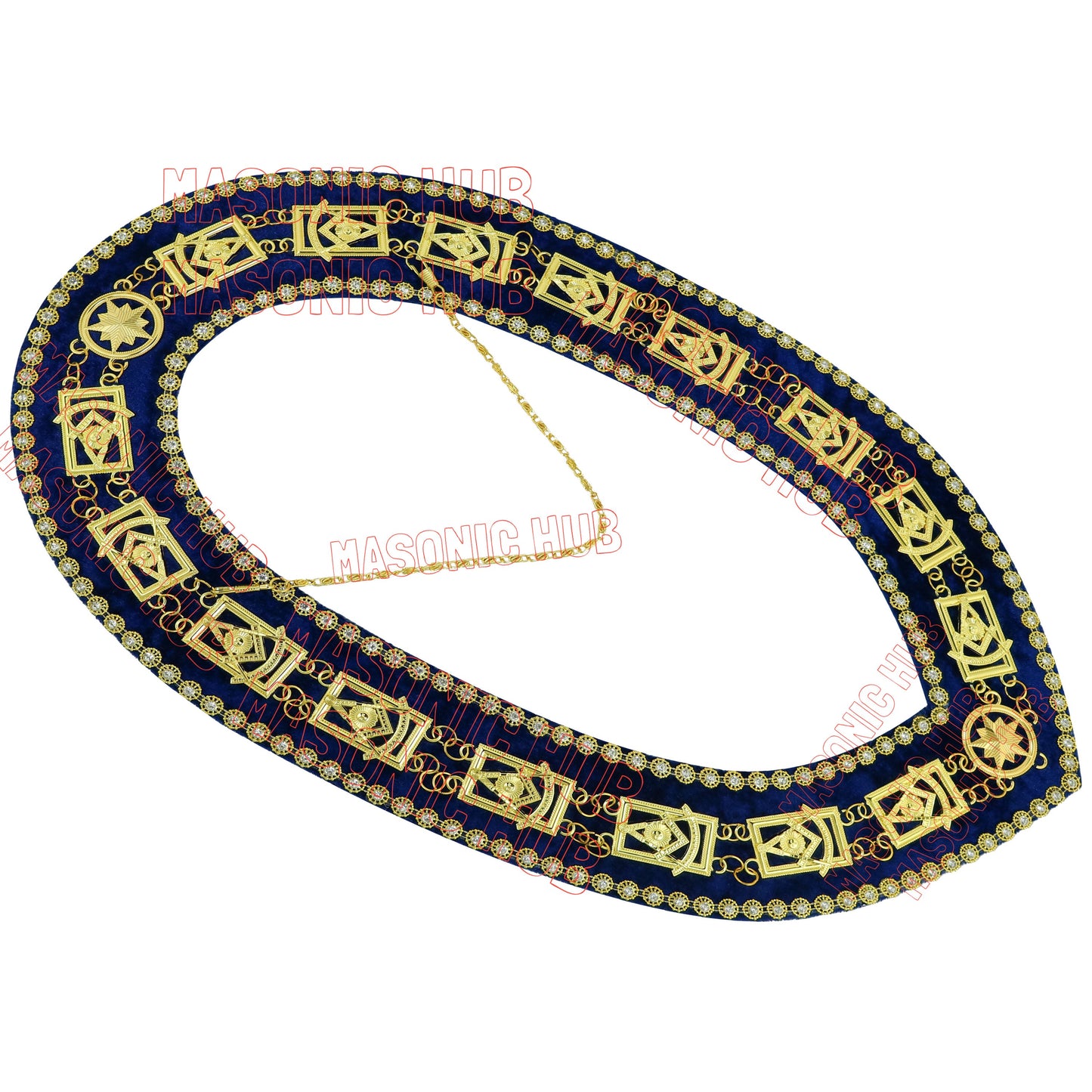 Masonic Past Master Metal Chain Collar Navy Blue Backing With Rhinestones + Free Jewe