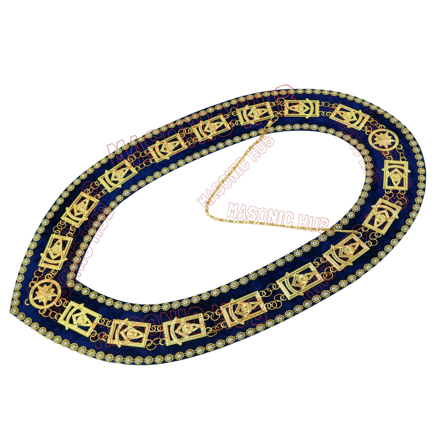 Masonic Past Master Metal Chain Collar Navy Blue Backing With Rhinestones + Free Jewe