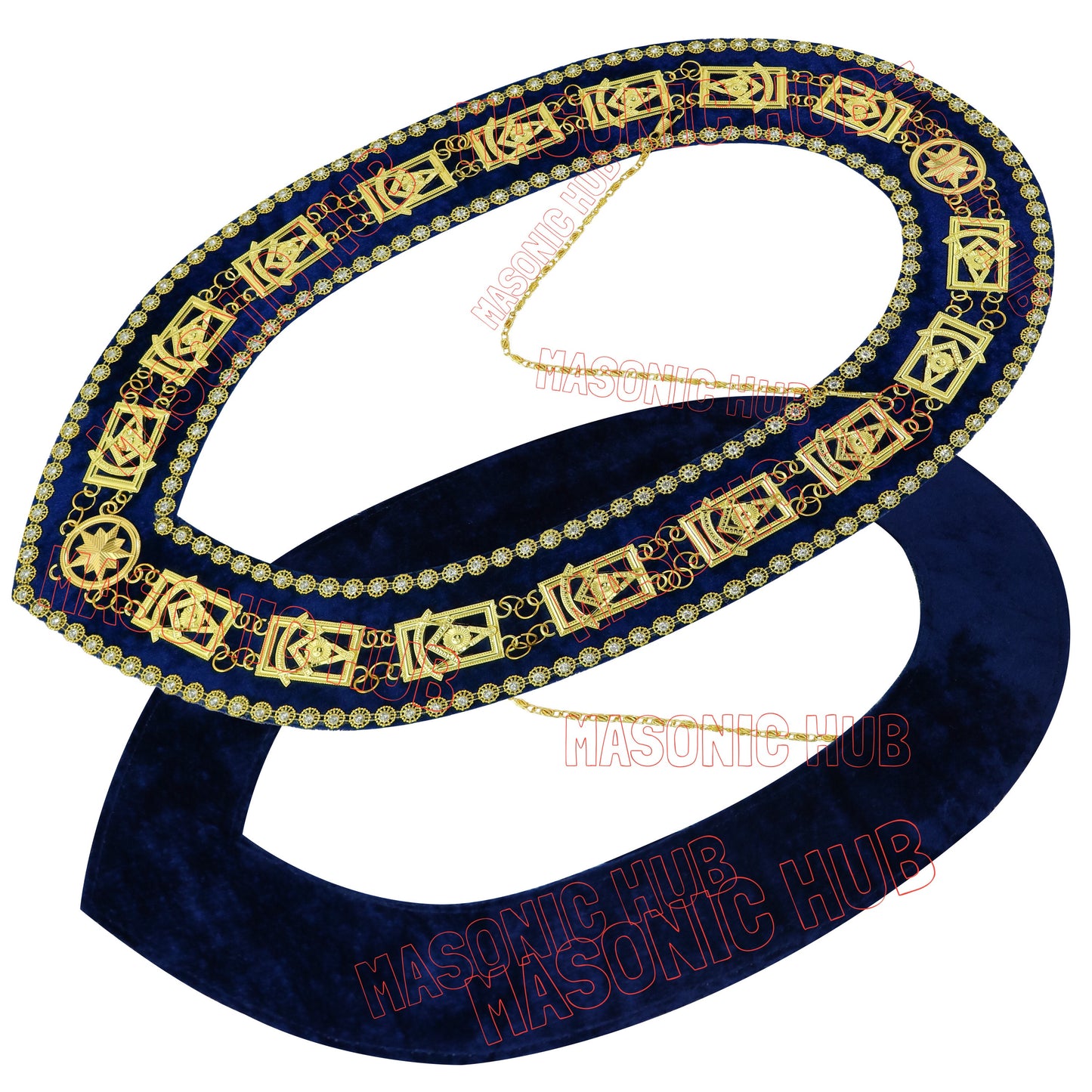 Masonic Past Master Metal Chain Collar Navy Blue Backing With Rhinestones + Free Jewe
