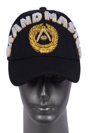 Masonic Grand Master Black Baseball Cap – Handmade with Rhinestones | Freemason Bling Hat Masonic Hub