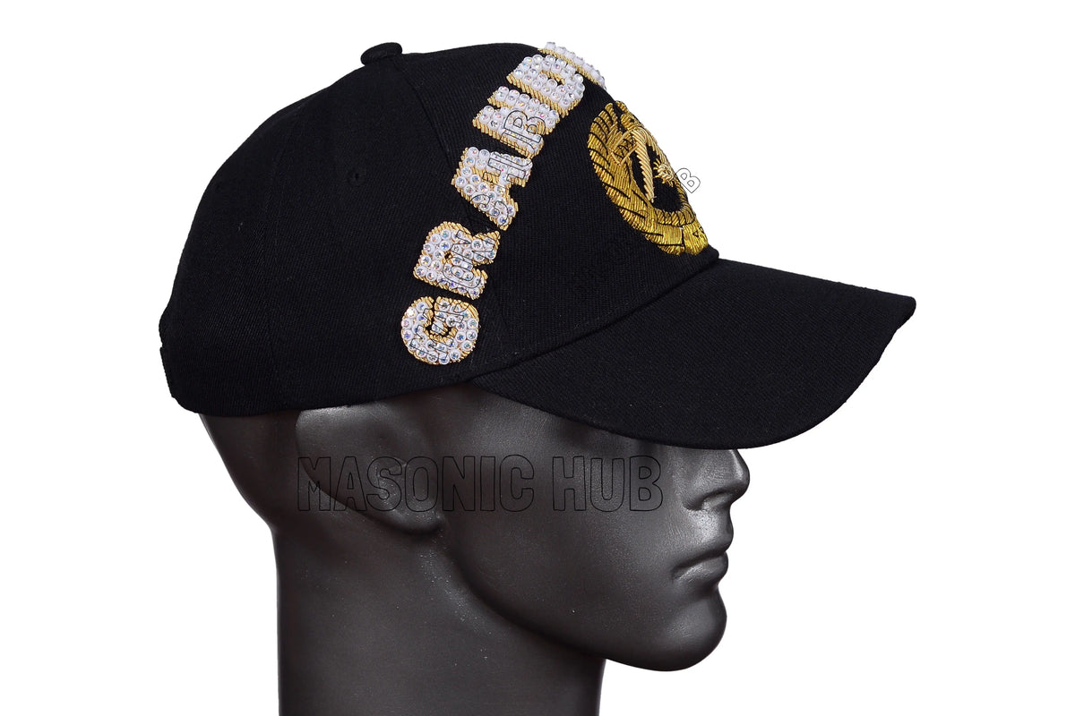 Masonic Grand Master Black Baseball Cap – Handmade with Rhinestones | Freemason Bling Hat Masonic Hub