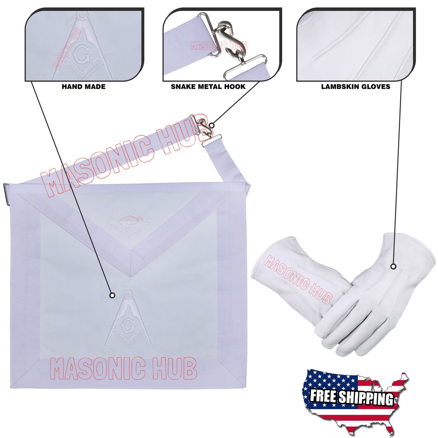 Masonic All-White Hand-Embroidered Master Mason Apron & Plain White Gloves