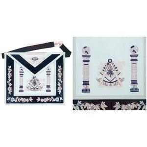 Masonic Past Master Apron | 100% Lambskin | Hand Embroidered Bullion | Navy Blue Velvet Pillar & Sunburst Masonic Hub