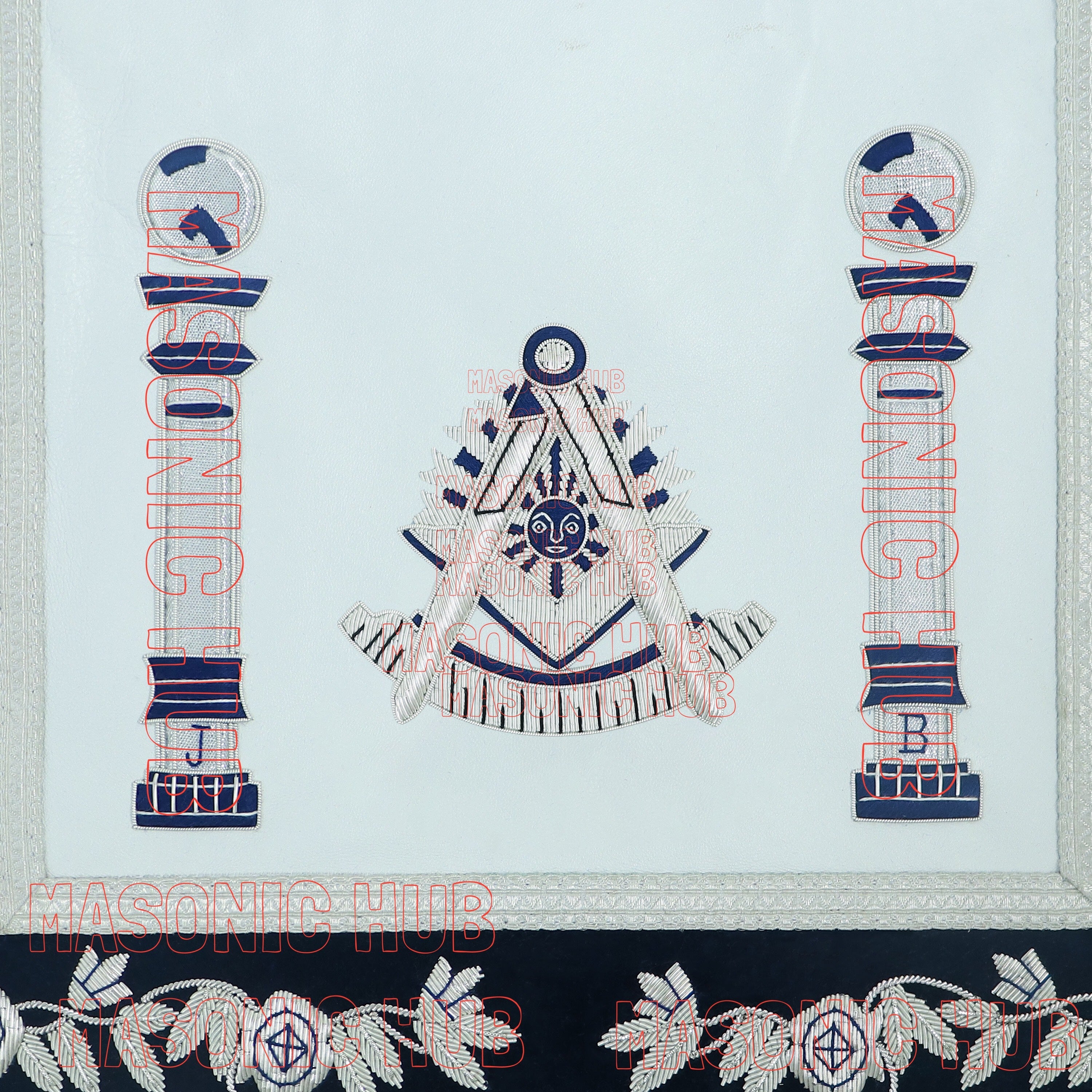 Masonic Past Master Apron | 100% Lambskin | Hand Embroidered Bullion | Navy Blue Velvet Pillar & Sunburst Masonic Hub