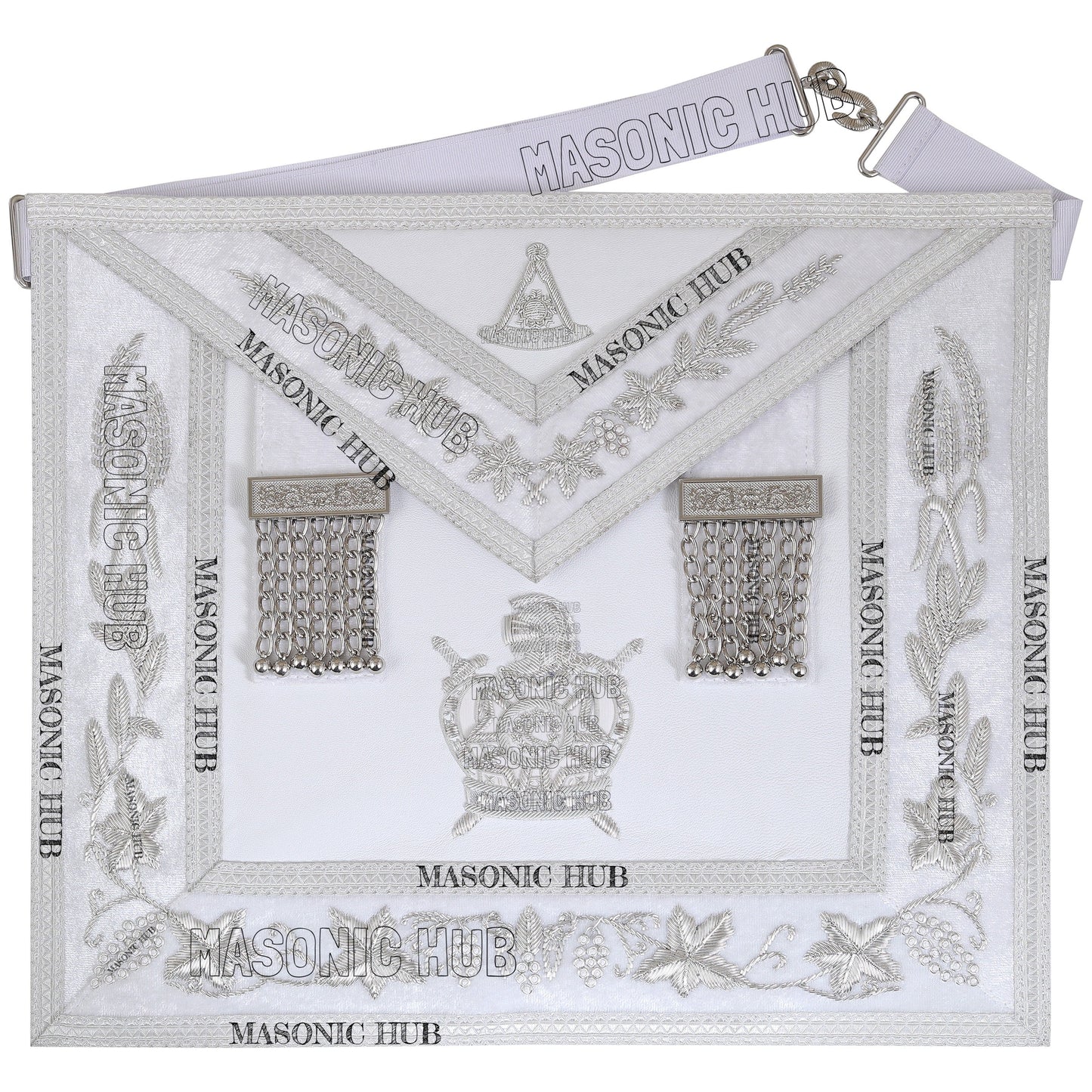Masonic Past Master DeMolay Apron - White with Silver Bullion Embroidery & DeMolay Logo