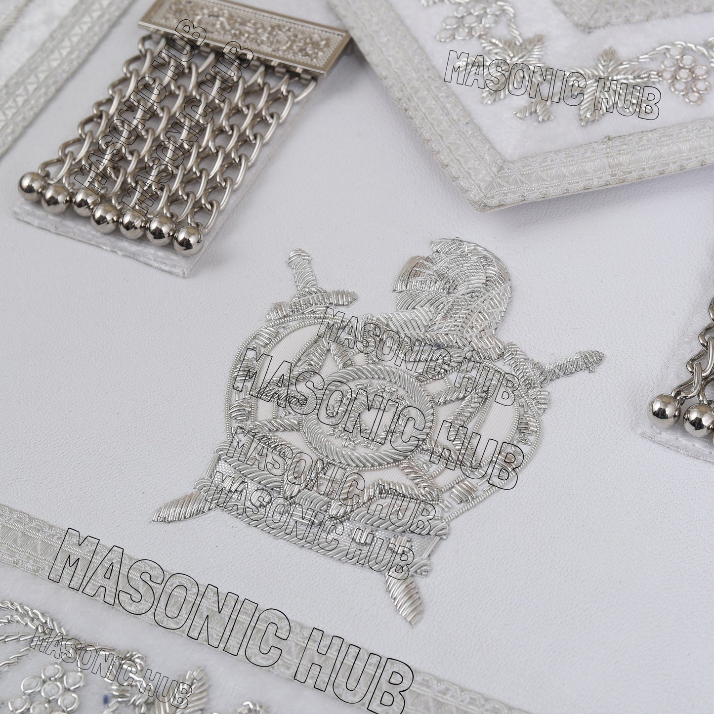 Masonic Past Master DeMolay Apron - White with Silver Bullion Embroidery & DeMolay Logo