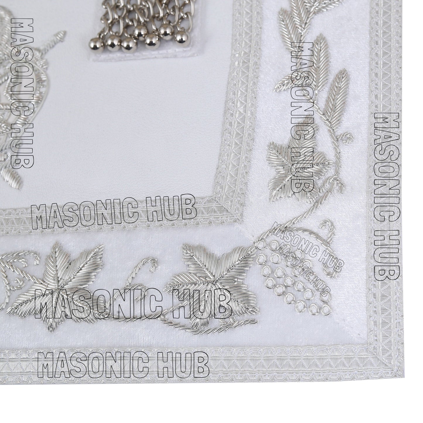 Masonic Past Master DeMolay Apron - White with Silver Bullion Embroidery & DeMolay Logo