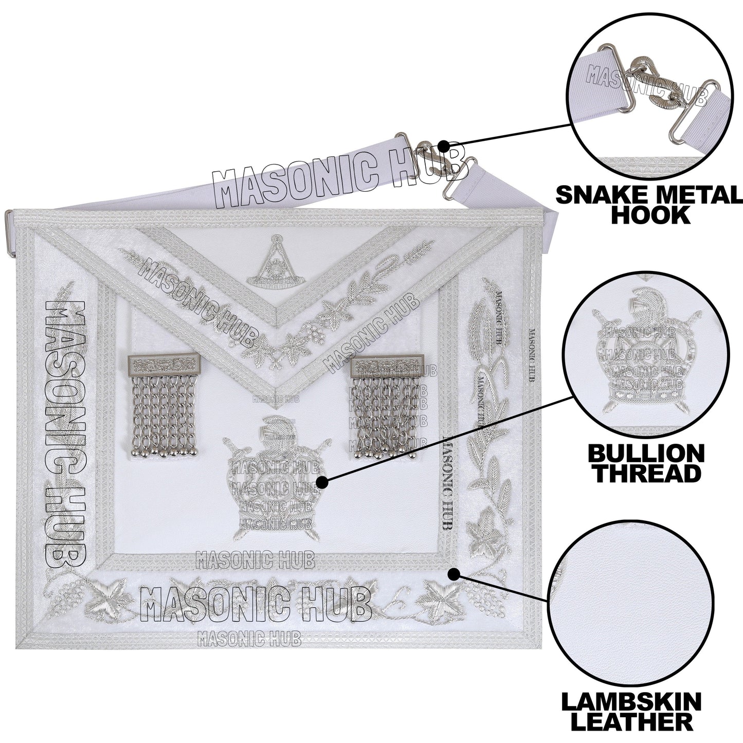 Masonic Past Master DeMolay Apron - White with Silver Bullion Embroidery & DeMolay Logo