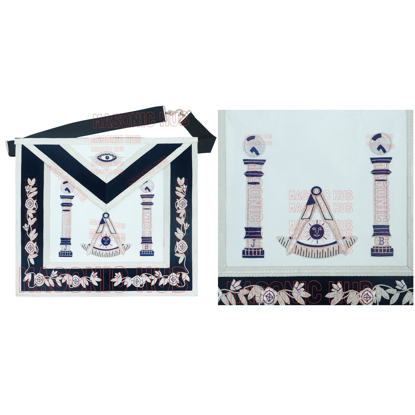 Masonic Past Master Mason Lambskin Compass and Quadrant Apron - Navy Blue Velvet