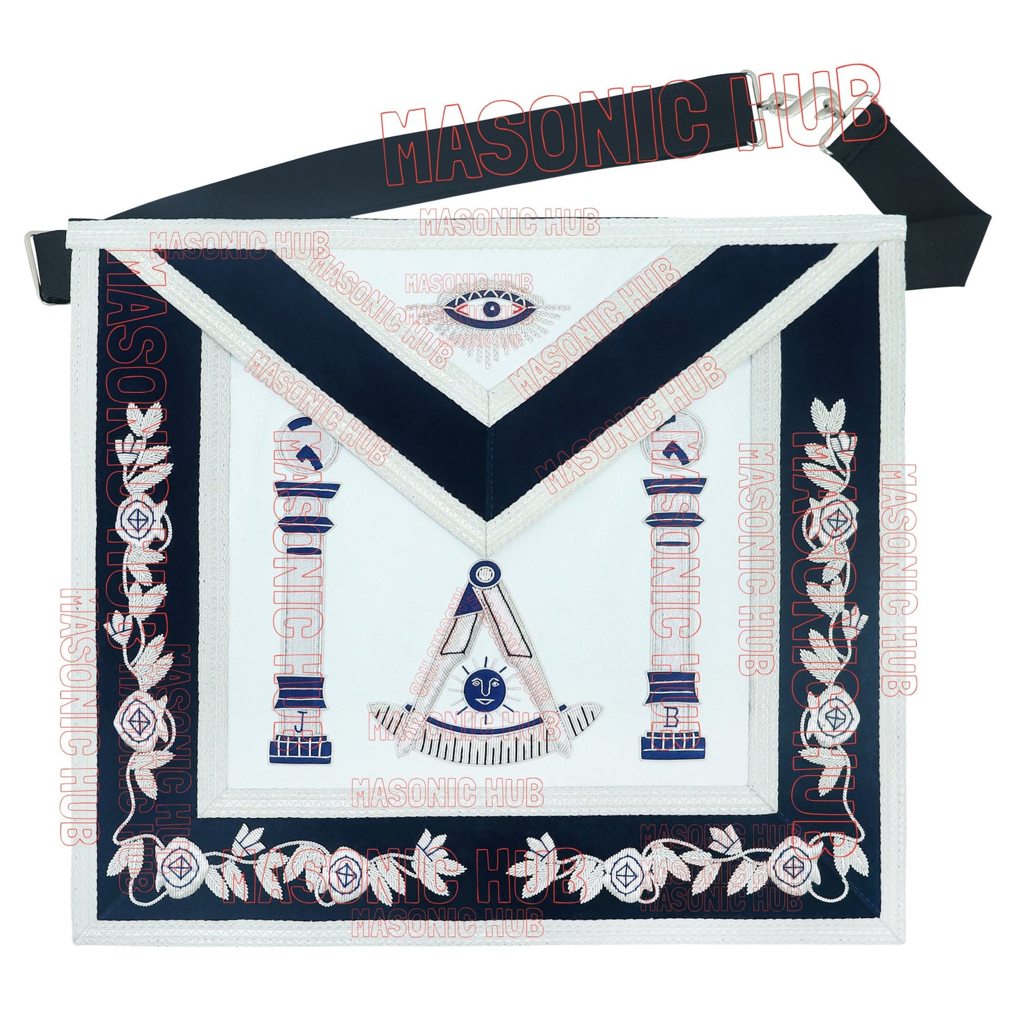 Masonic Past Master Mason Lambskin Compass and Quadrant Apron - Navy Blue Velvet