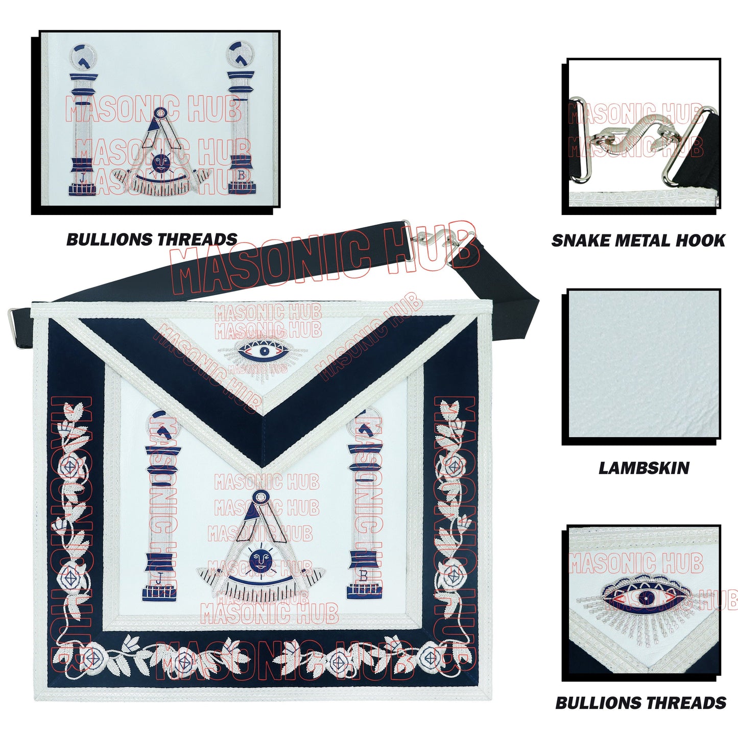 Masonic Past Master Mason Lambskin Compass and Quadrant Apron - Navy Blue Velvet