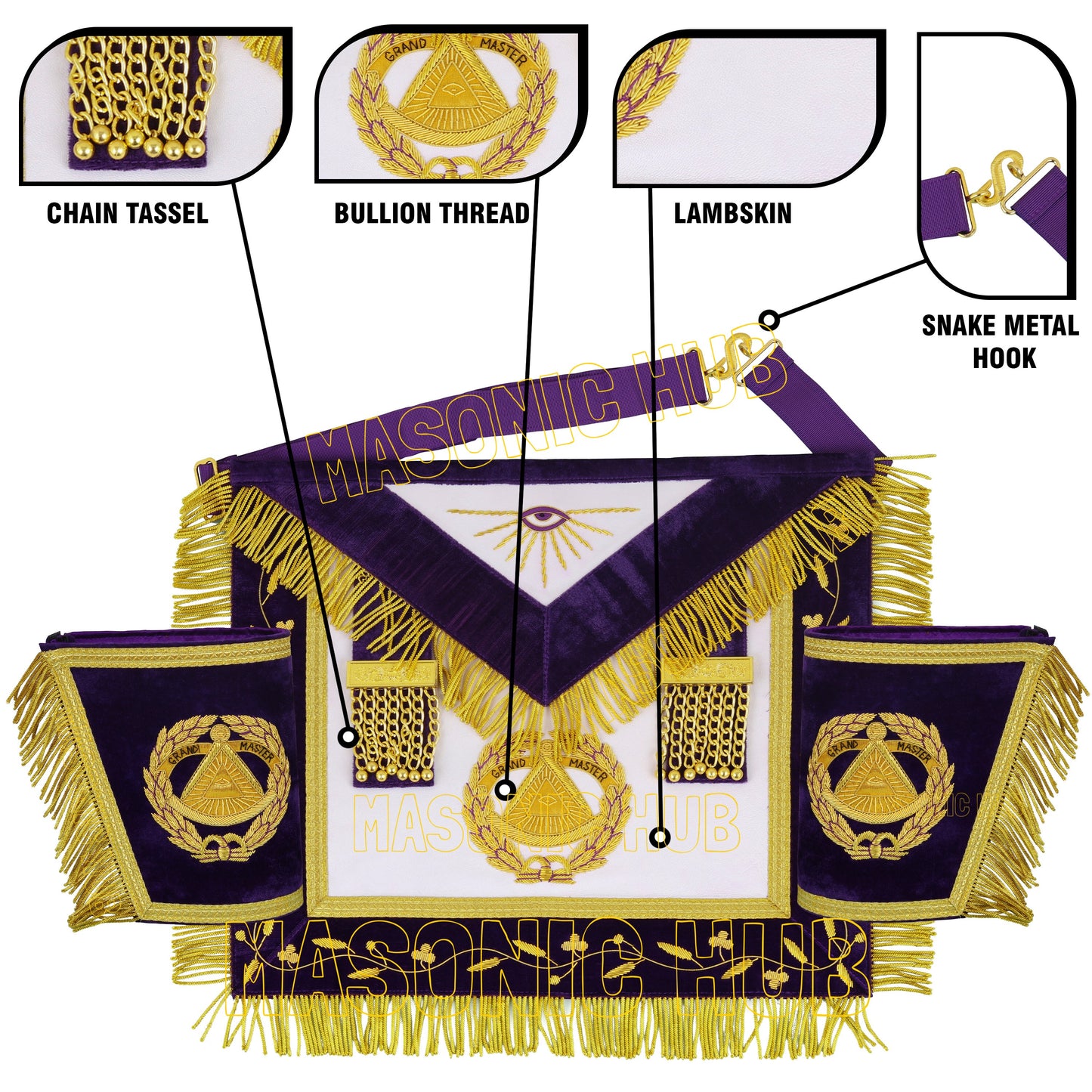 Masonic Grand Master Apron Set – Genuine Sheepskin Leather, Gold Bullion Embroidery + Matching Cuffs