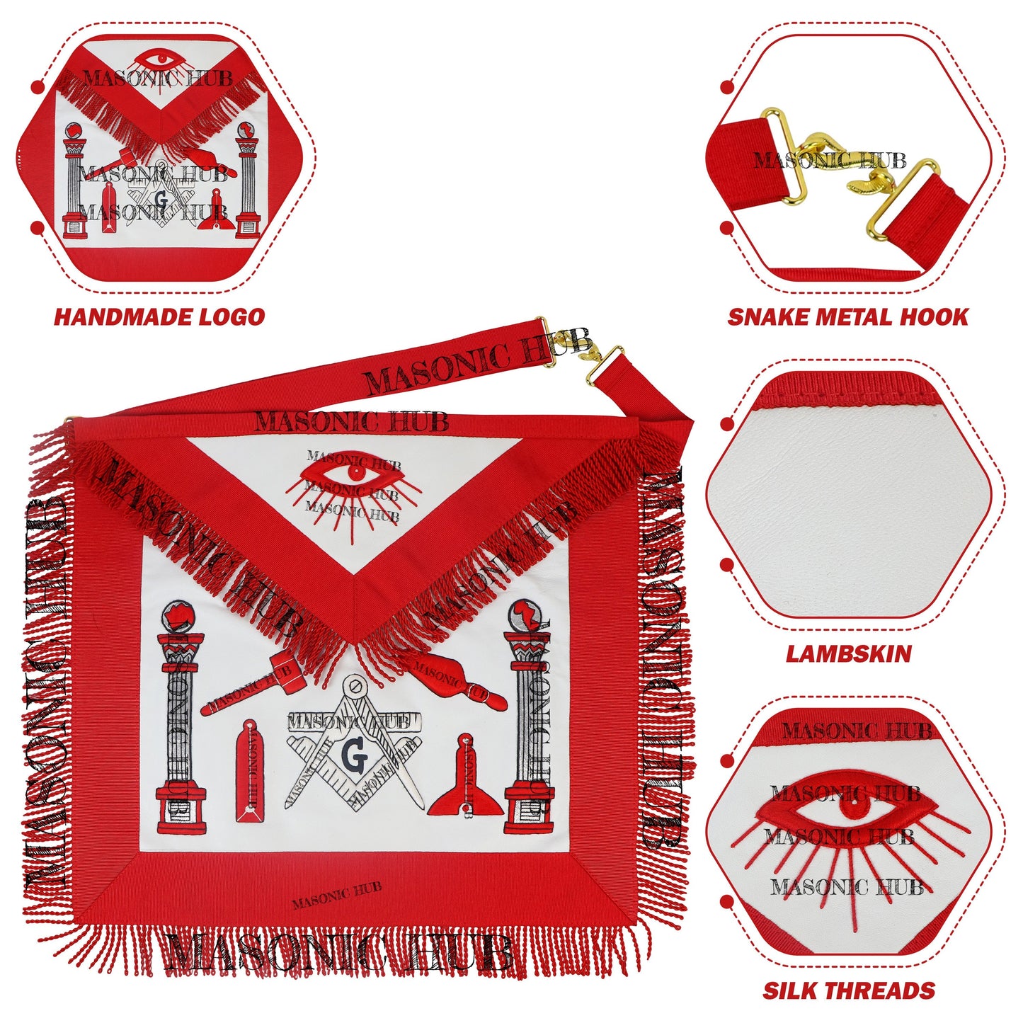 Handcrafted Lambskin Masonic Master Mason Working Tools Apron with Red Fringe
