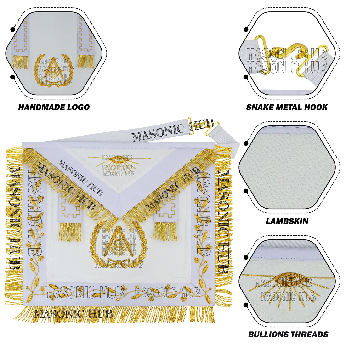 Handmade Masonic Master Mason Apron – 100% Lambskin & Gold Bullion Embroidery