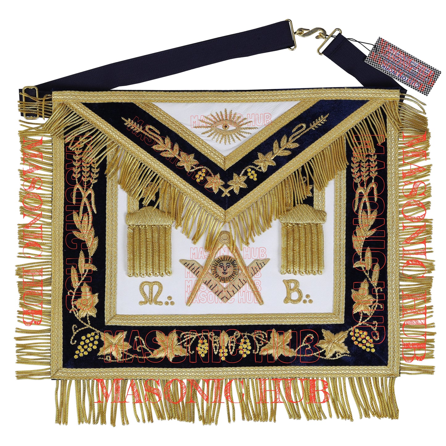 Handmade Masonic Past Master Apron - Compass & Square, Sun, M B - Gold Bullion