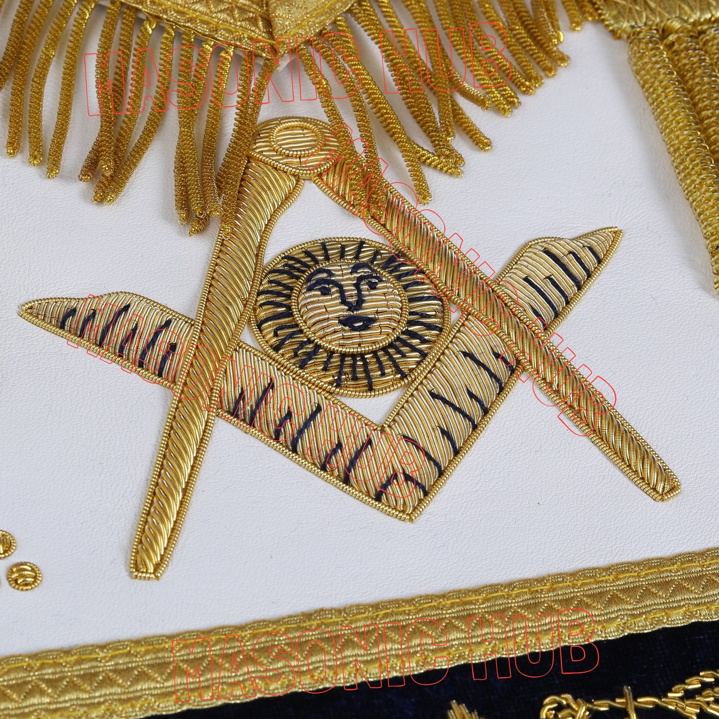 Handmade Masonic Past Master Apron - Compass & Square, Sun, M B - Gold Bullion