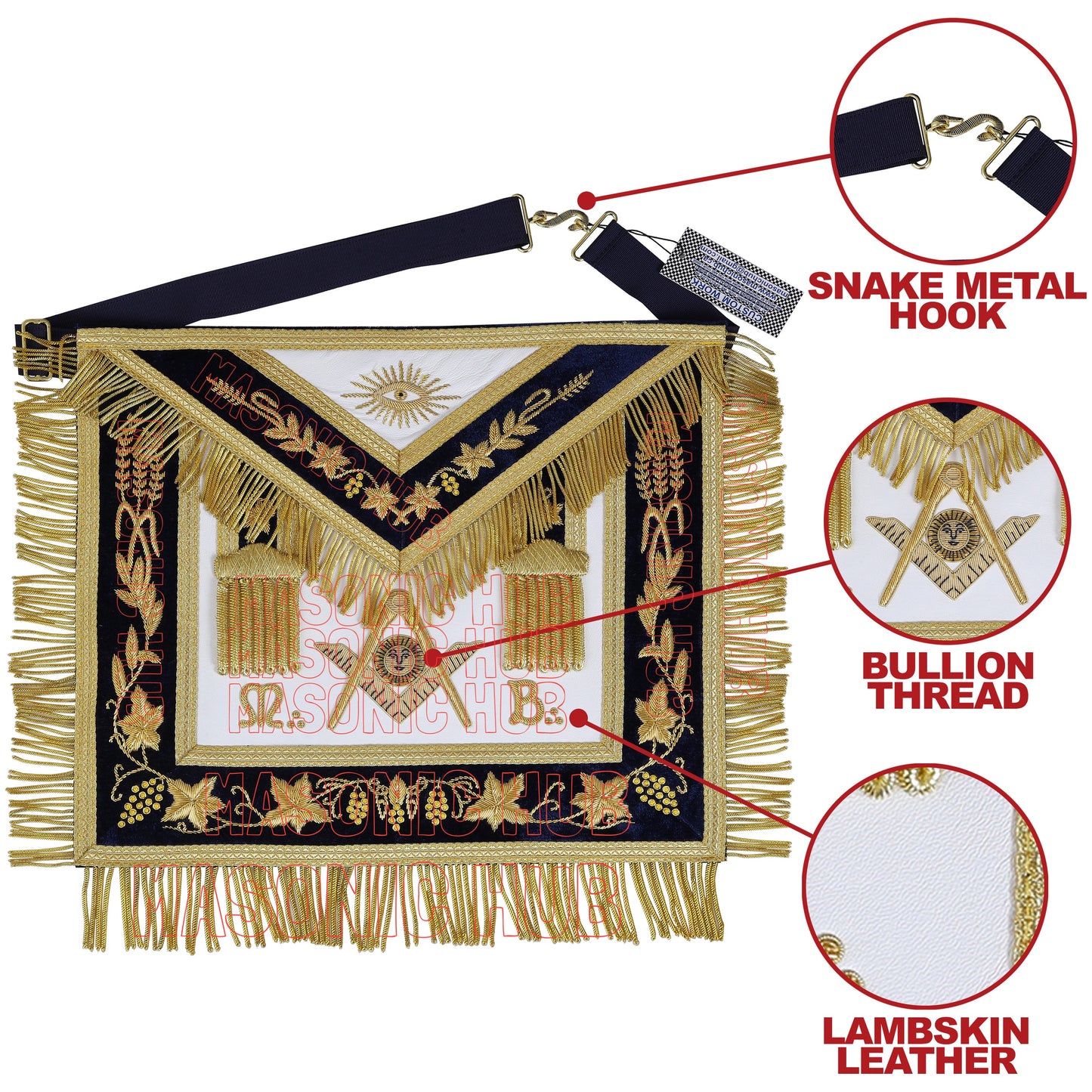 Handmade Masonic Past Master Apron - Compass & Square, Sun, M B - Gold Bullion