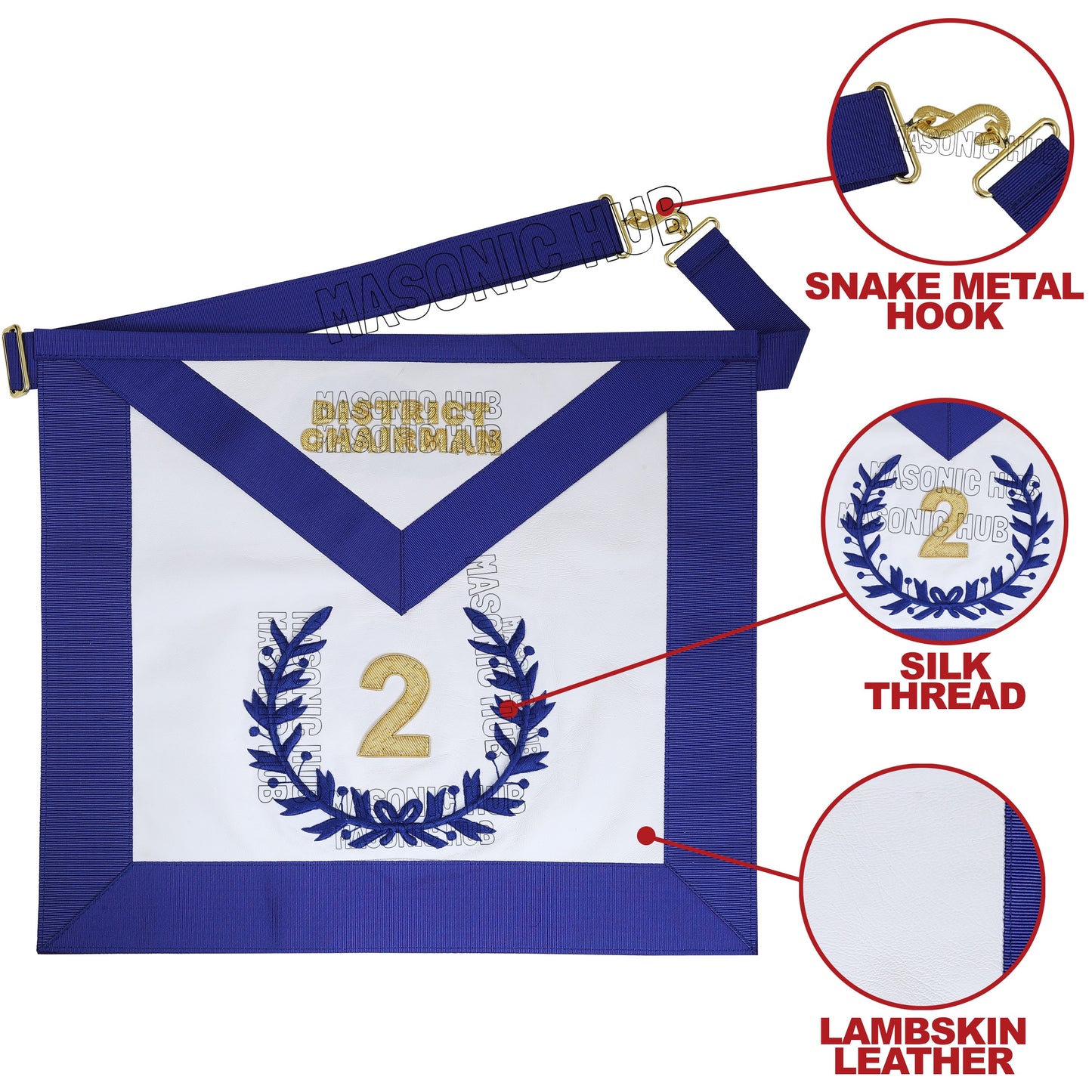 Masonic District Chairman Apron - 100% Lambskin, Hand-Embroidered Bullion Wreath