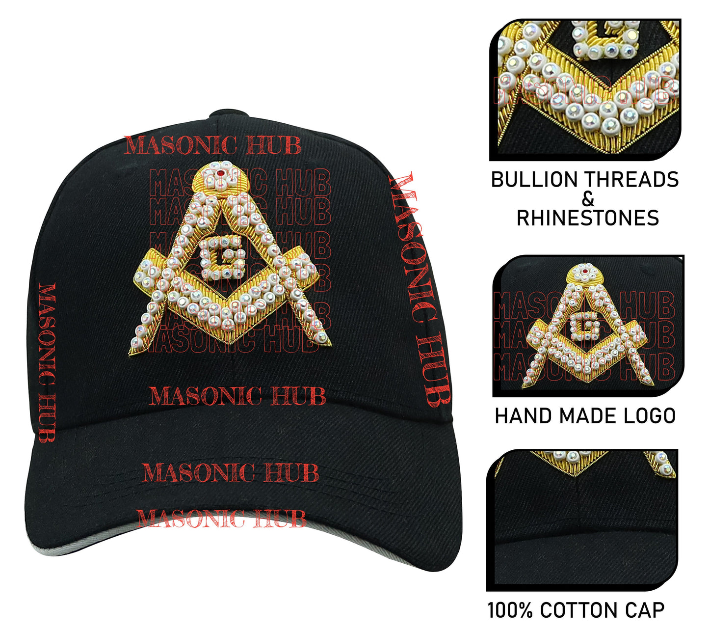 Handmade Masonic Compass & Square Baseball Cap – Bullion Embroidery & Rhinestone