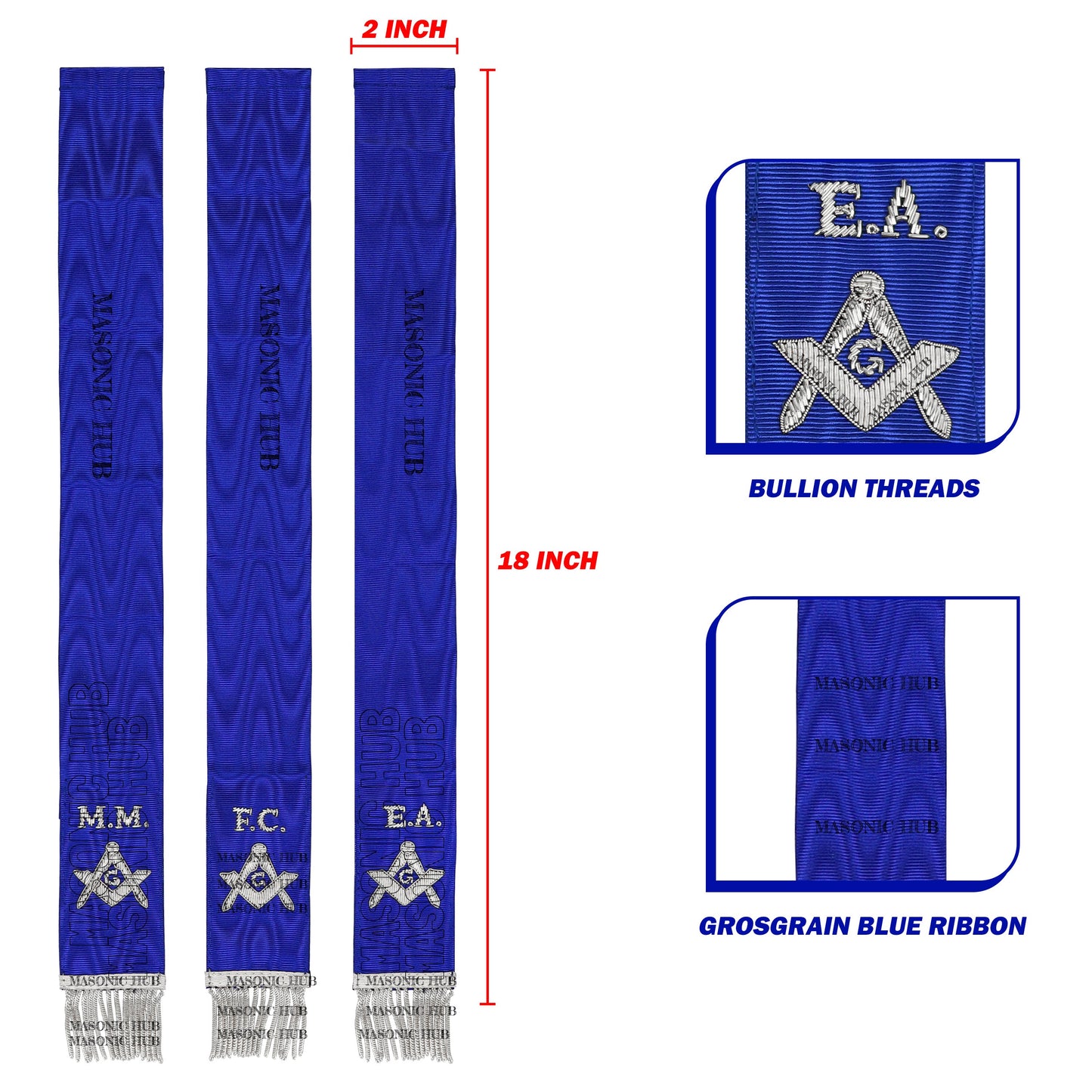 Masonic Bible Markers – Hand-Embroidered Royal Blue Ribbon with Silver Bullion Threads