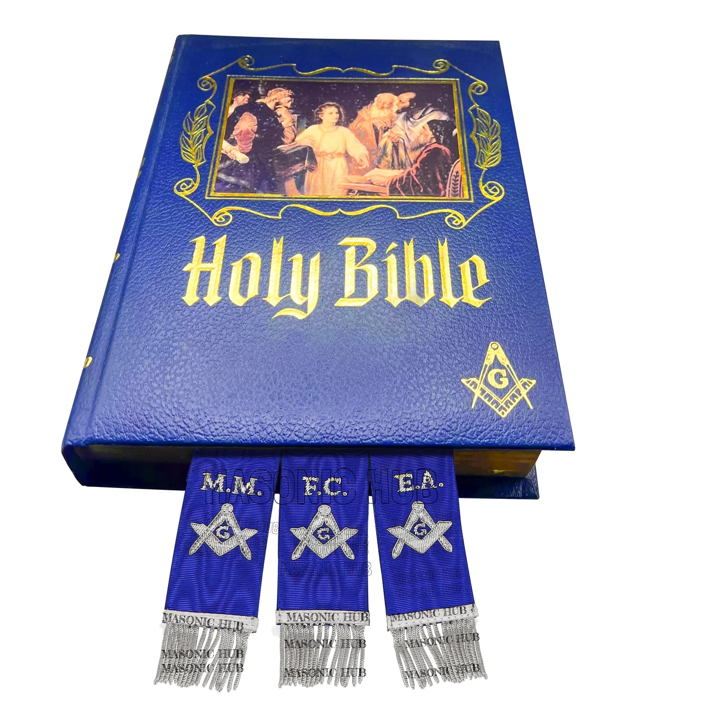 Masonic Bible Markers – Hand-Embroidered Royal Blue Ribbon with Silver Bullion Threads