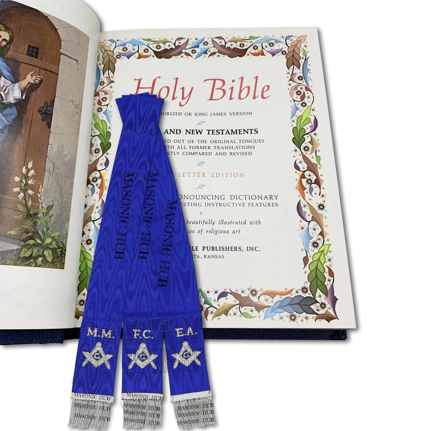 Masonic Bible Markers – Hand-Embroidered Royal Blue Ribbon with Silver Bullion Threads