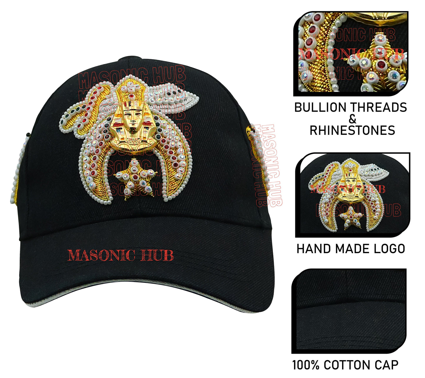 Masonic Shriner Black Cap – Handcrafted with Star Emblem, Rhinestones & Bullion