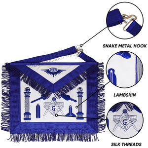 Handcrafted Lambskin Masonic Master Mason Working Tool Apron with Blue Fringe Masonic Hub