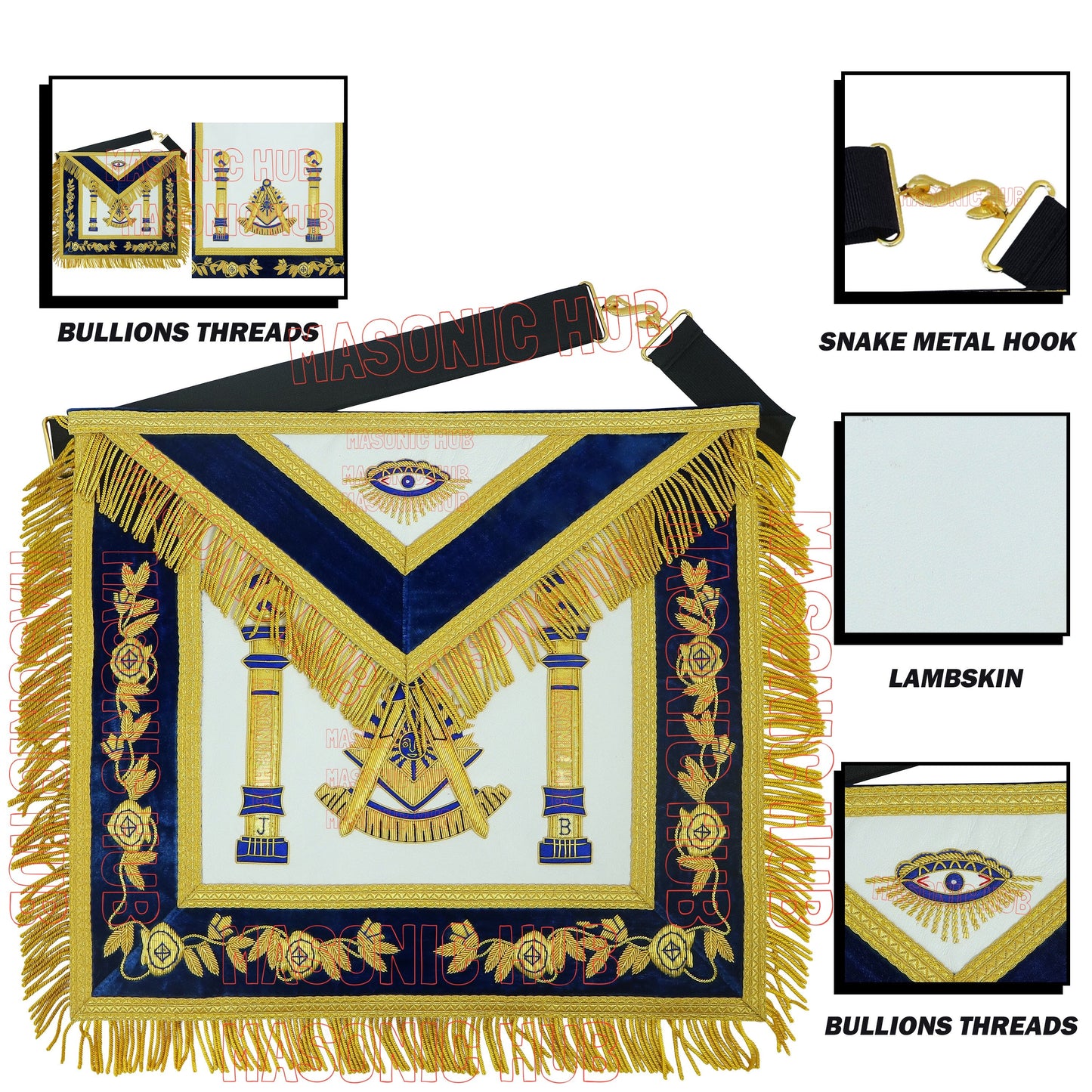 Gold Hand Bullion Past Master Embroidery 100% Lambskin Aprons Past Master- GOLD FRINGE