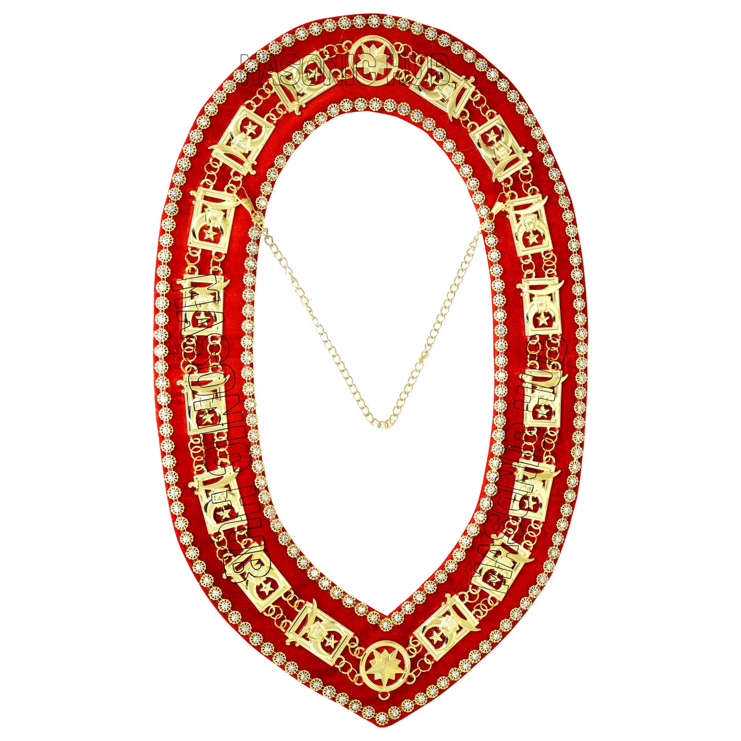 Masonic Shriner Chain Collar – Gold Plated with Red Velvet & Rhinestone Trim