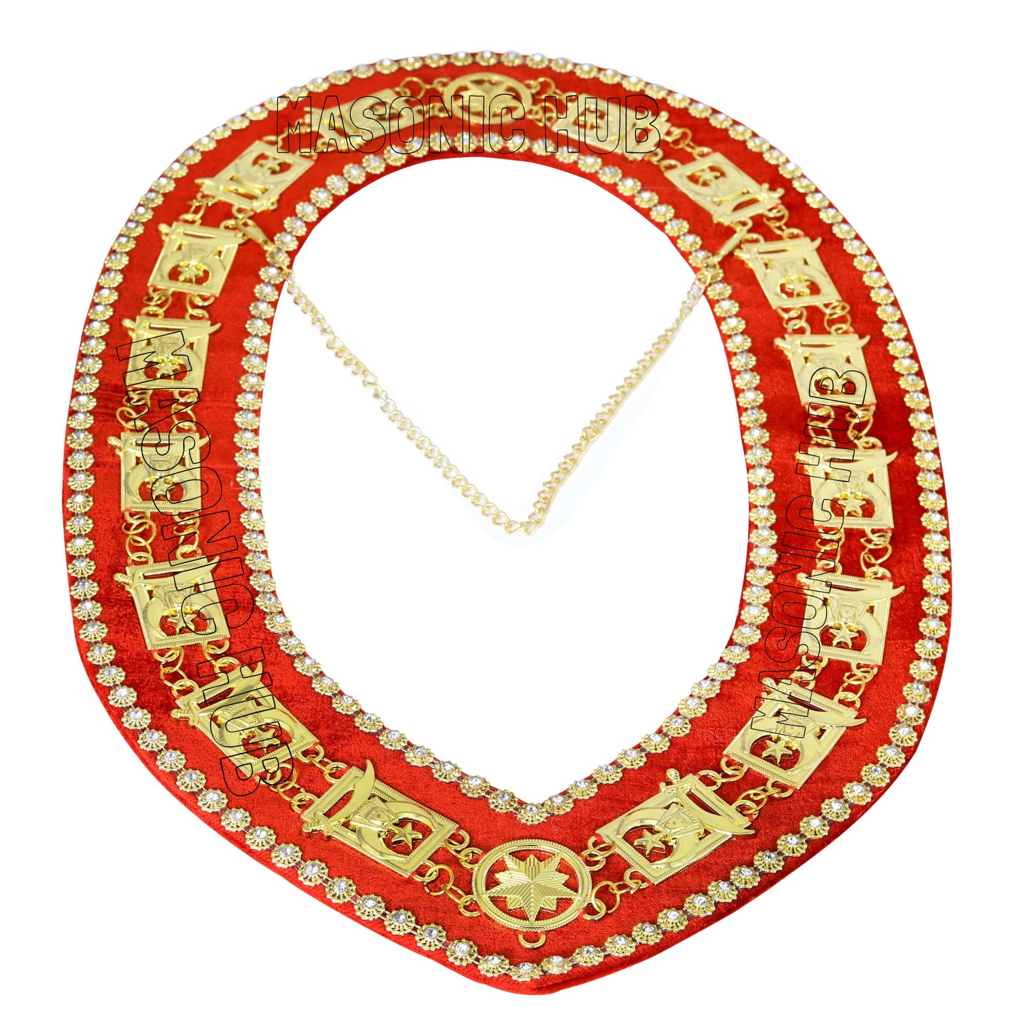 Masonic Shriner Chain Collar – Gold Plated with Red Velvet & Rhinestone Trim