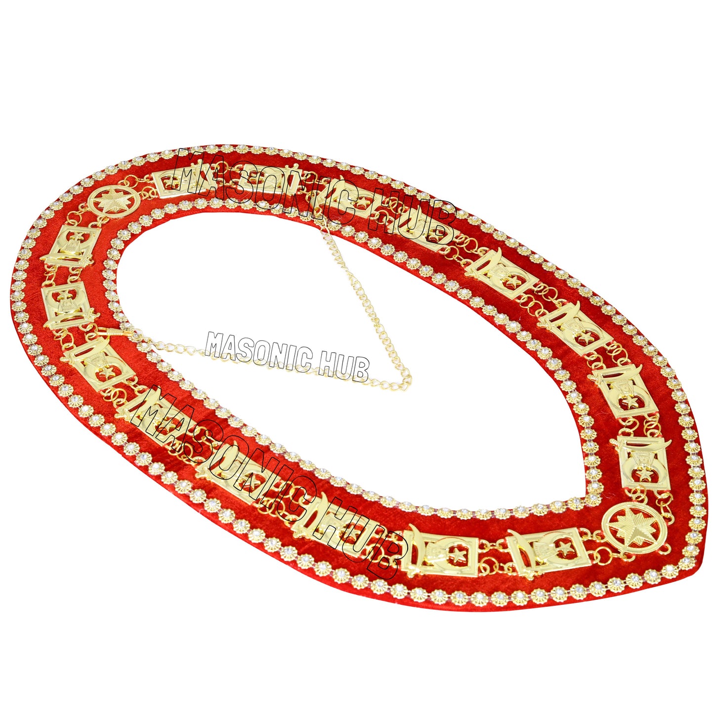 Masonic Shriner Chain Collar – Gold Plated with Red Velvet & Rhinestone Trim