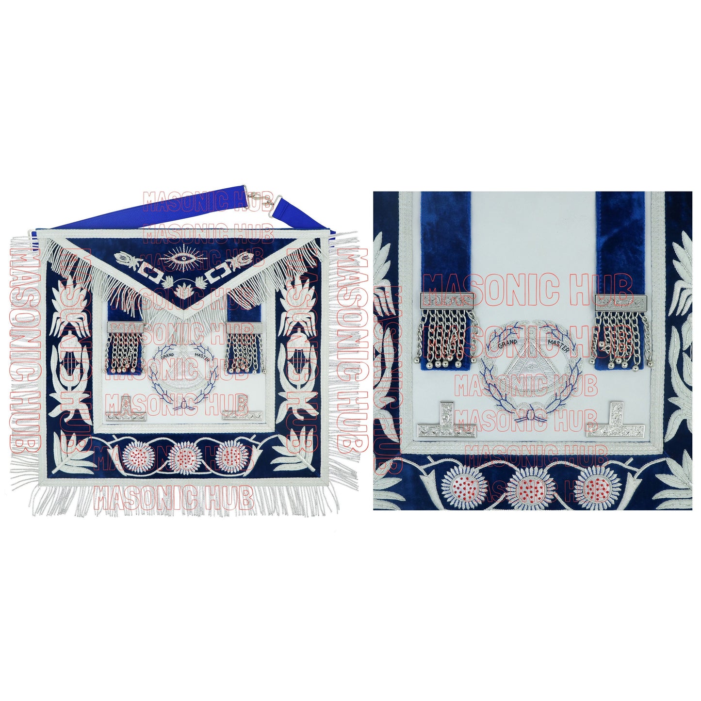 Masonic Grand Master Sheep Apron & Cuff w/ Compass & Square, Eye, Laurel Wreath