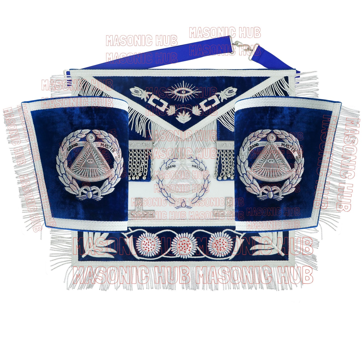 Masonic Grand Master Sheep Apron & Cuff w/ Compass & Square, Eye, Laurel Wreath